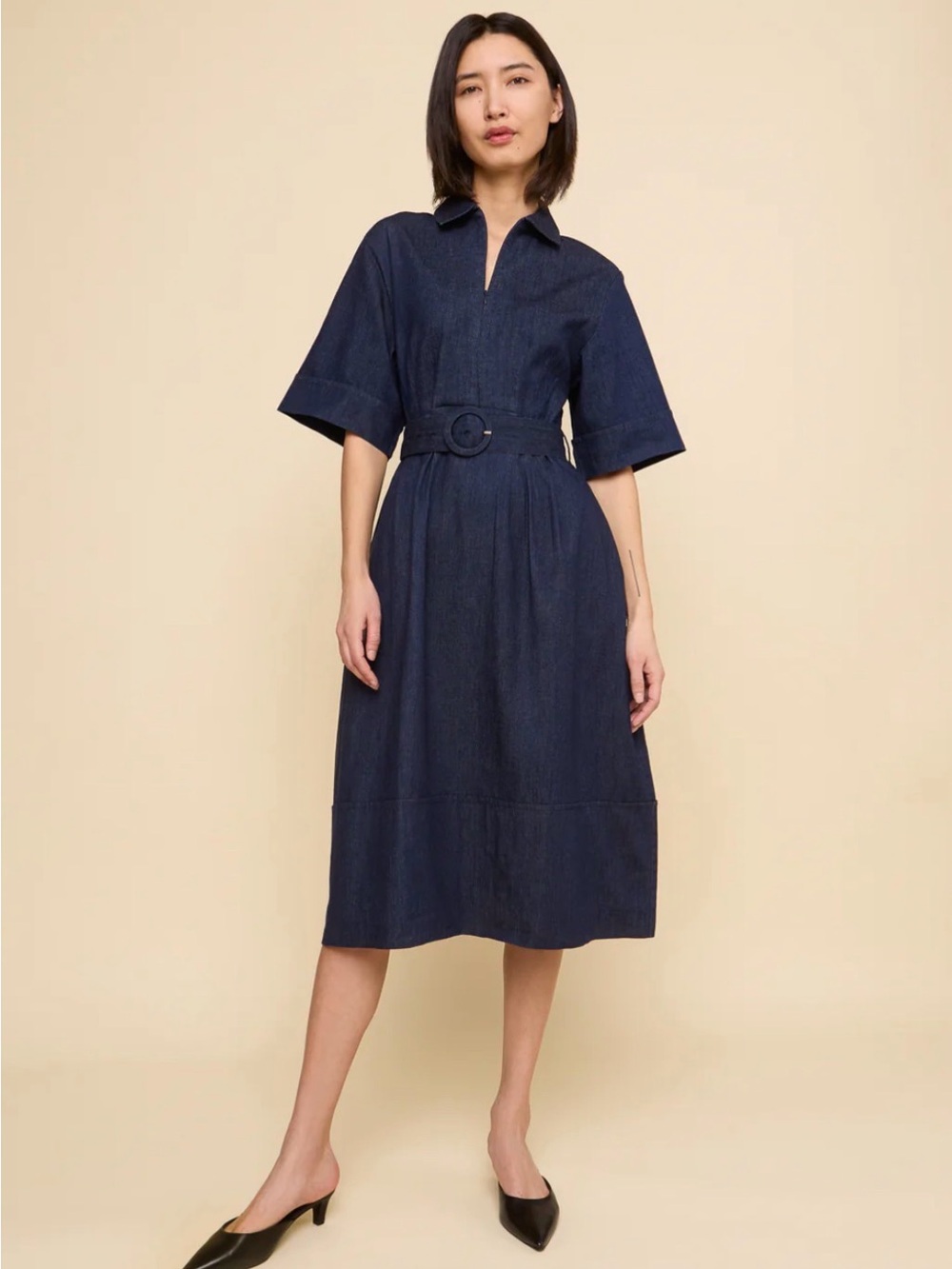Belted Midi Shirt Dress - Rachel Dress in Denim